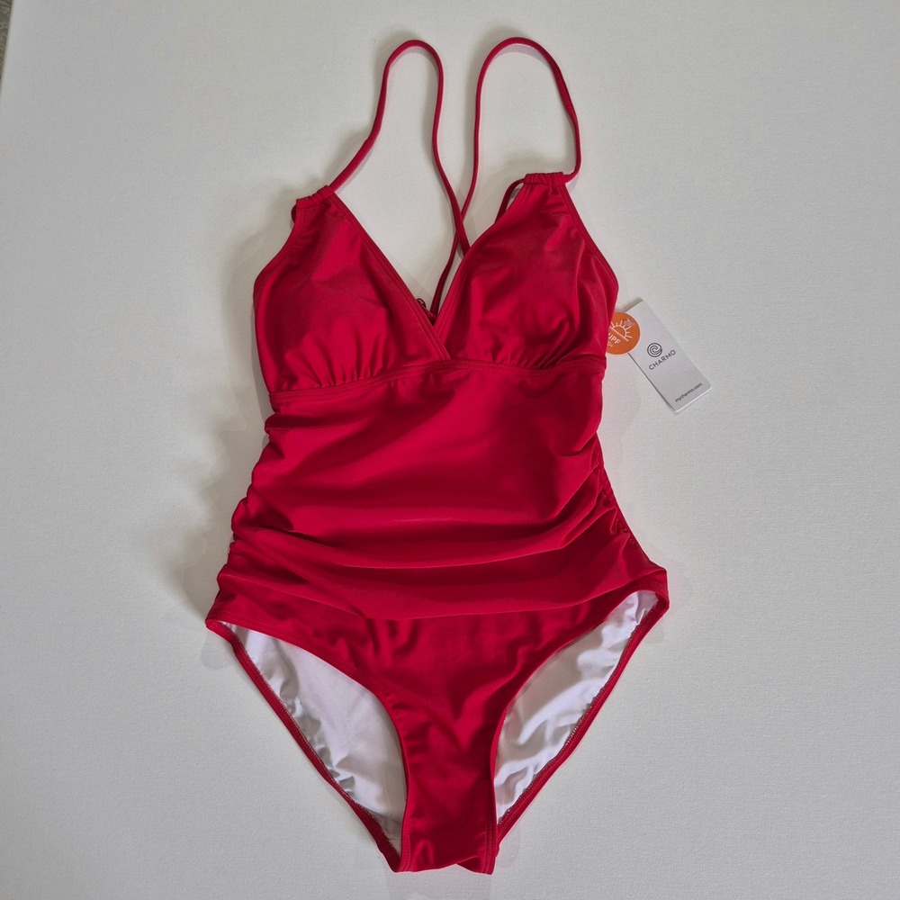 Charmo Womens Red Ruched One Piece Swimsuit Strappy Back UPF 50 Size M NWT